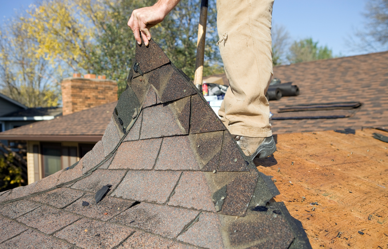 Worker performing shingle roof maintenance on roof top